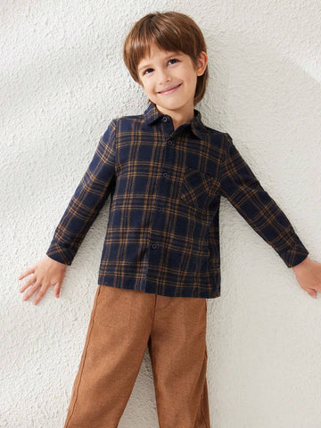 Blossori Young Boys French Elegant Brown & Blue Plaid Print Velvet Collar Long Sleeve Shirts, Autumn/Winter