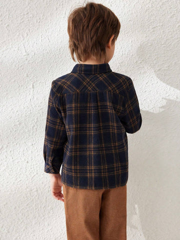 Blossori Young Boys French Elegant Brown & Blue Plaid Print Velvet Collar Long Sleeve Shirts, Autumn/Winter