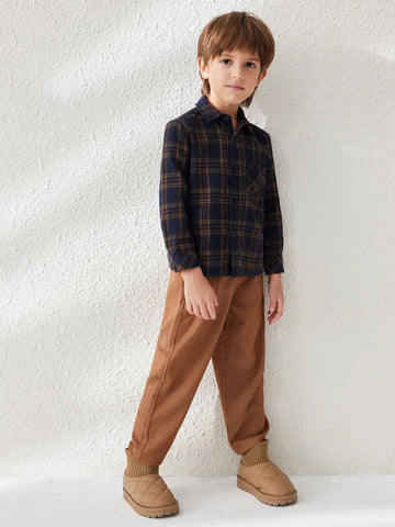 Blossori Young Boys French Elegant Brown & Blue Plaid Print Velvet Collar Long Sleeve Shirts, Autumn/Winter