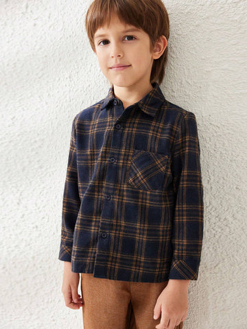Blossori Young Boys French Elegant Brown & Blue Plaid Print Velvet Collar Long Sleeve Shirts, Autumn/Winter