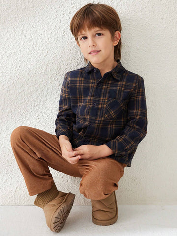Blossori Young Boys French Elegant Brown & Blue Plaid Print Velvet Collar Long Sleeve Shirts, Autumn/Winter