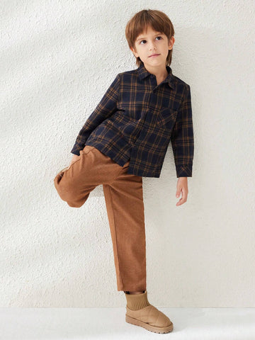 Blossori Young Boys French Elegant Brown & Blue Plaid Print Velvet Collar Long Sleeve Shirts, Autumn/Winter