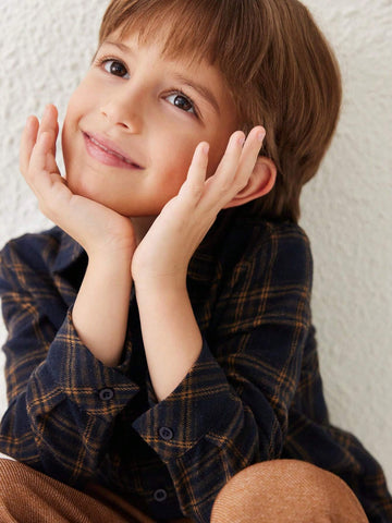 Blossori Young Boys French Elegant Brown & Blue Plaid Print Velvet Collar Long Sleeve Shirts, Autumn/Winter
