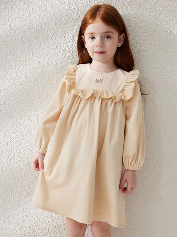Blossori Young Girl Autumn Letter Print Round Neck Long Sleeve Ruffle Trim Cute Skater Dress