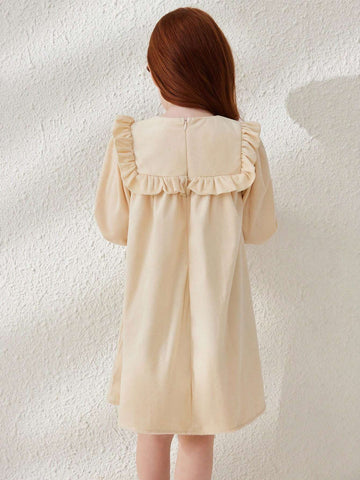 Blossori Young Girl Autumn Letter Print Round Neck Long Sleeve Ruffle Trim Cute Skater Dress