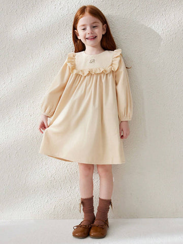 Blossori Young Girl Autumn Letter Print Round Neck Long Sleeve Ruffle Trim Cute Skater Dress