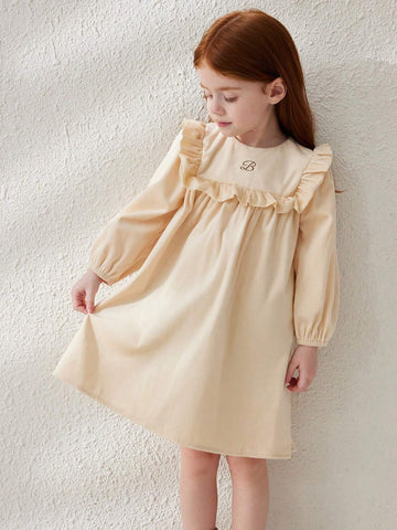 Blossori Young Girl Autumn Letter Print Round Neck Long Sleeve Ruffle Trim Cute Skater Dress