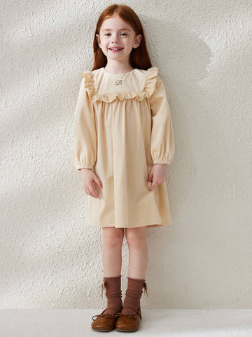 Blossori Young Girl Autumn Letter Print Round Neck Long Sleeve Ruffle Trim Cute Skater Dress