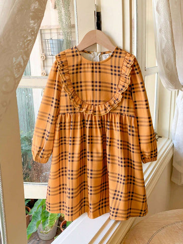 Blossori Young Girl Button-Front Long Sleeve Pleated Plaid Casual Dress, For Everyday Wear