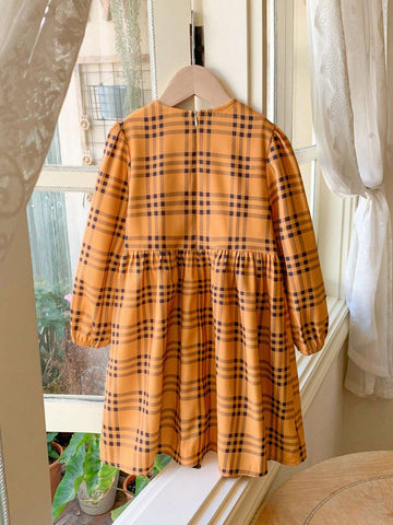 Blossori Young Girl Button-Front Long Sleeve Pleated Plaid Casual Dress, For Everyday Wear