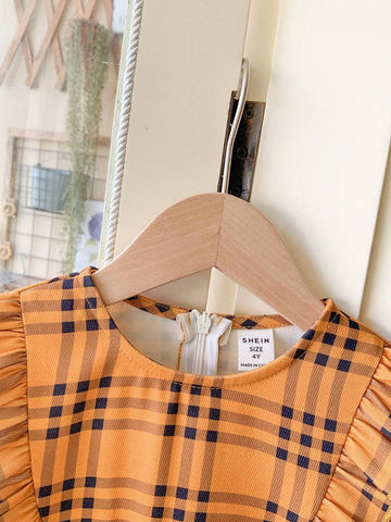 Blossori Young Girl Button-Front Long Sleeve Pleated Plaid Casual Dress, For Everyday Wear