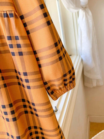 Blossori Young Girl Button-Front Long Sleeve Pleated Plaid Casual Dress, For Everyday Wear