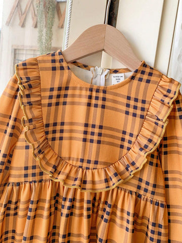 Blossori Young Girl Button-Front Long Sleeve Pleated Plaid Casual Dress, For Everyday Wear