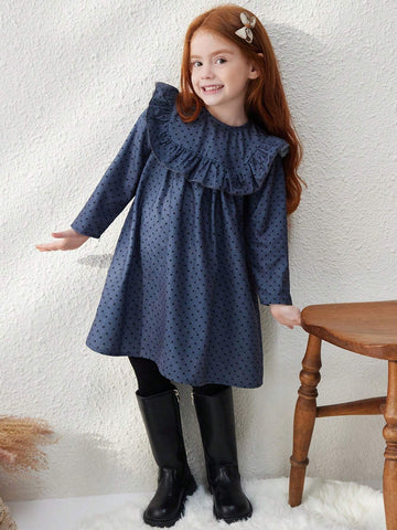 Blossori Young Girl Casual Polka Dot Printed Ruffle Hem Dress, Autumn