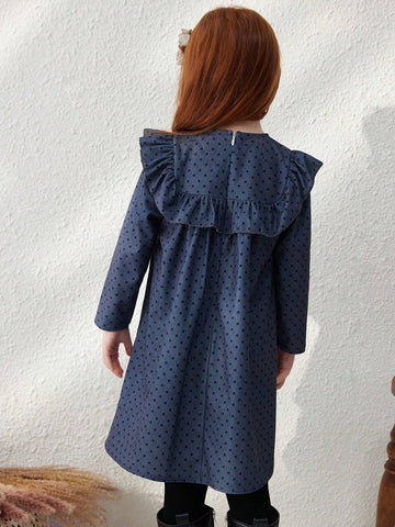 Blossori Young Girl Casual Polka Dot Printed Ruffle Hem Dress, Autumn
