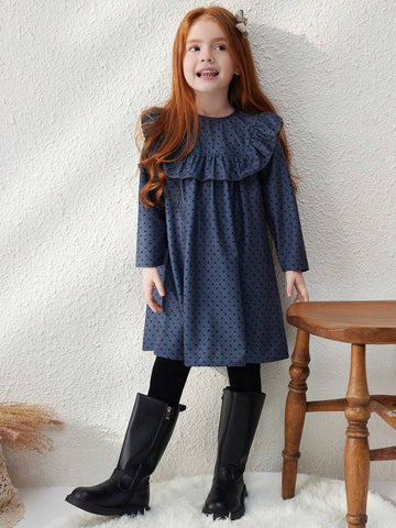 Blossori Young Girl Casual Polka Dot Printed Ruffle Hem Dress, Autumn