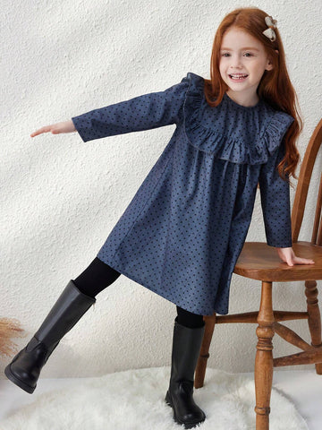 Blossori Young Girl Casual Polka Dot Printed Ruffle Hem Dress, Autumn