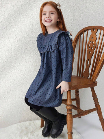 Blossori Young Girl Casual Polka Dot Printed Ruffle Hem Dress, Autumn