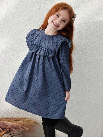 Blossori Young Girl Casual Polka Dot Printed Ruffle Hem Dress, Autumn