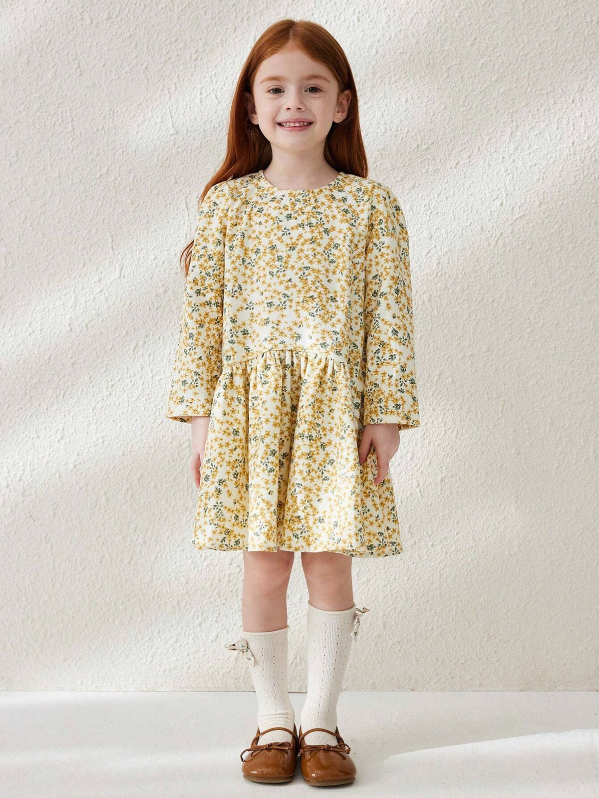 Blossori Young Girl Ditsy Floral Round Neck Loose Fit Long Sleeve Dress With Ruffle Hem, Perfect For Holiday