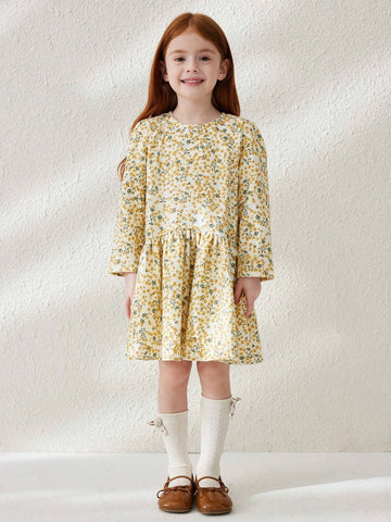 Blossori Young Girl Ditsy Floral Round Neck Loose Fit Long Sleeve Dress With Ruffle Hem, Perfect For Holiday