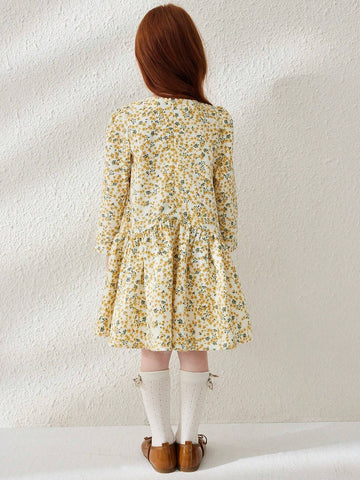 Blossori Young Girl Ditsy Floral Round Neck Loose Fit Long Sleeve Dress With Ruffle Hem, Perfect For Holiday