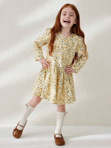 Blossori Young Girl Ditsy Floral Round Neck Loose Fit Long Sleeve Dress With Ruffle Hem, Perfect For Holiday