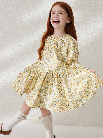 Blossori Young Girl Ditsy Floral Round Neck Loose Fit Long Sleeve Dress With Ruffle Hem, Perfect For Holiday
