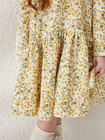 Blossori Young Girl Ditsy Floral Round Neck Loose Fit Long Sleeve Dress With Ruffle Hem, Perfect For Holiday