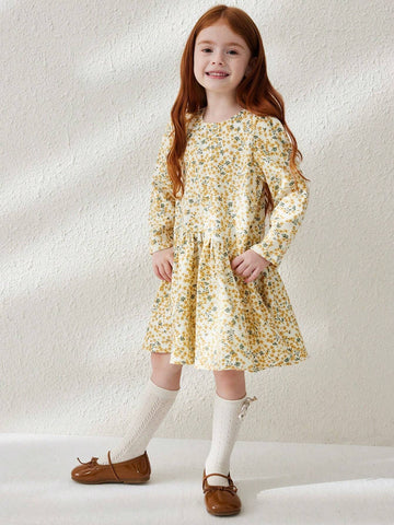 Blossori Young Girl Ditsy Floral Round Neck Loose Fit Long Sleeve Dress With Ruffle Hem, Perfect For Holiday