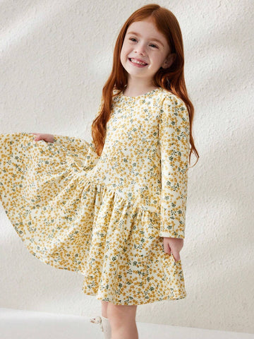 Blossori Young Girl Ditsy Floral Round Neck Loose Fit Long Sleeve Dress With Ruffle Hem, Perfect For Holiday
