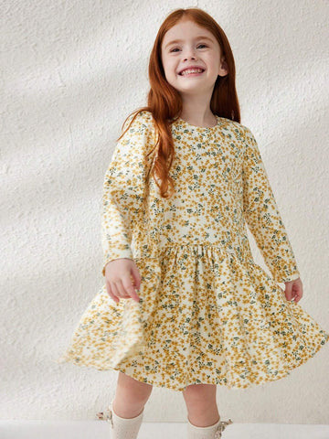Blossori Young Girl Ditsy Floral Round Neck Loose Fit Long Sleeve Dress With Ruffle Hem, Perfect For Holiday
