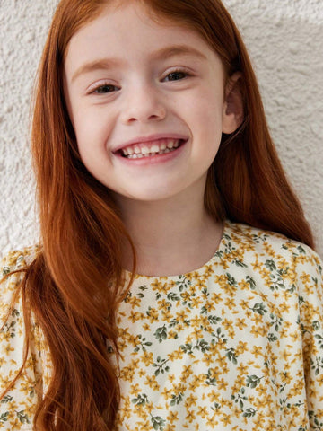 Blossori Young Girl Ditsy Floral Round Neck Loose Fit Long Sleeve Dress With Ruffle Hem, Perfect For Holiday