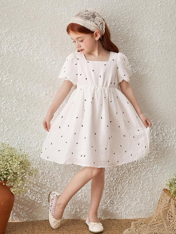 Blossori Young Girl French Style Bow Decor Puff Sleeve Dress