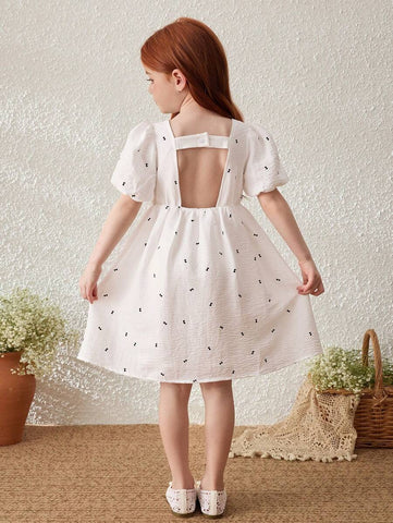 Blossori Young Girl French Style Bow Decor Puff Sleeve Dress