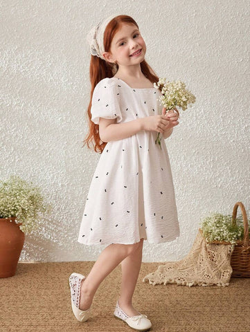 Blossori Young Girl French Style Bow Decor Puff Sleeve Dress