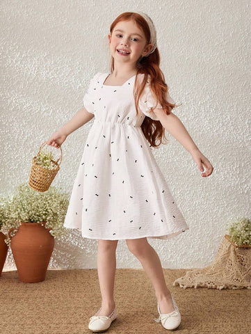 Blossori Young Girl French Style Bow Decor Puff Sleeve Dress