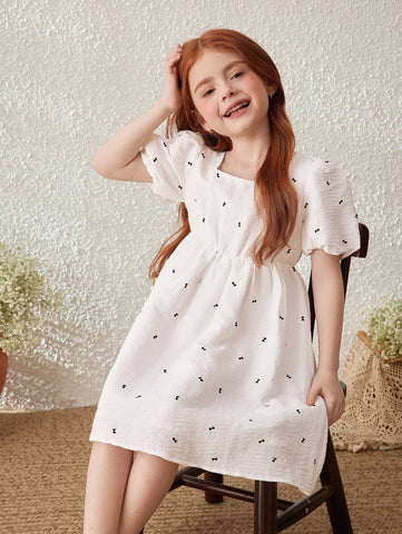 Blossori Young Girl French Style Bow Decor Puff Sleeve Dress
