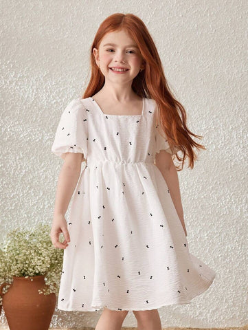 Blossori Young Girl French Style Bow Decor Puff Sleeve Dress