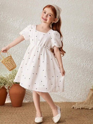 Blossori Young Girl French Style Bow Decor Puff Sleeve Dress