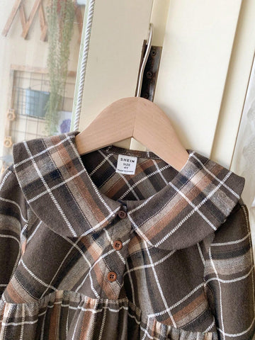 Blossori Young Girl Front Button Long Sleeve Pleated Plaid Dress, Casual Everyday Wear