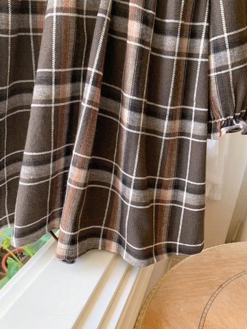 Blossori Young Girl Front Button Long Sleeve Pleated Plaid Dress, Casual Everyday Wear