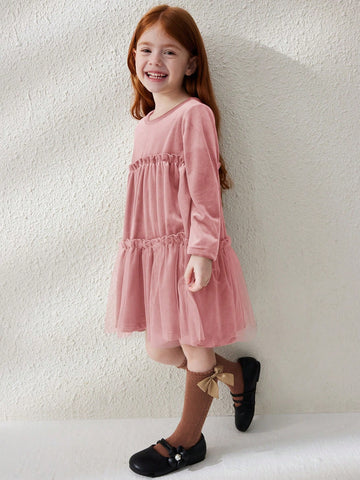 Blossori Young Girl Mesh Contrast Crew Neck Long Sleeve Frill Trim Simple Dress
