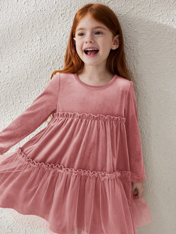 Blossori Young Girl Mesh Contrast Crew Neck Long Sleeve Frill Trim Simple Dress
