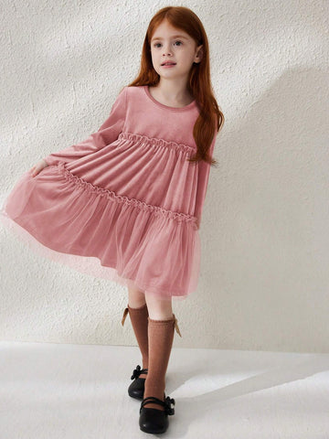 Blossori Young Girl Mesh Contrast Crew Neck Long Sleeve Frill Trim Simple Dress