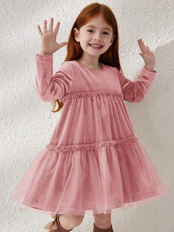 Blossori Young Girl Mesh Contrast Crew Neck Long Sleeve Frill Trim Simple Dress
