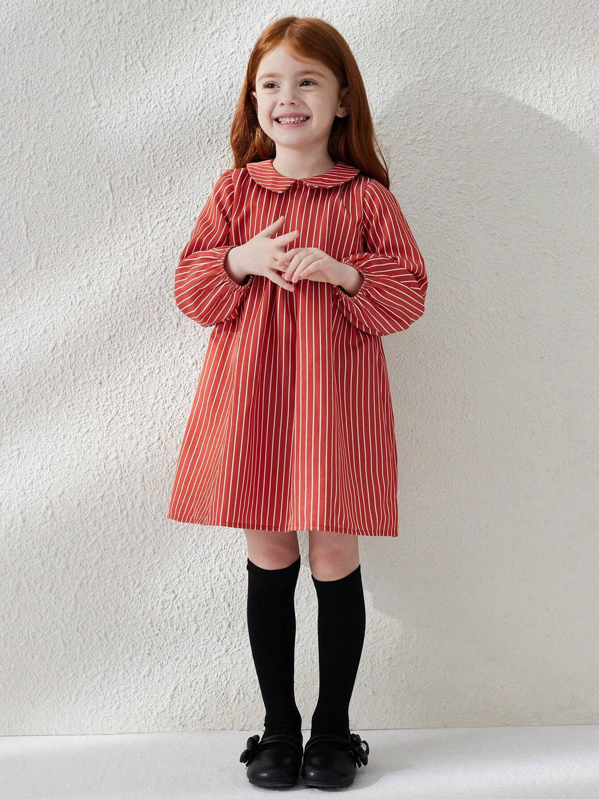Blossori Young Girl Peter Pan Collar Long Sleeve Striped Minimalist Casual Dress