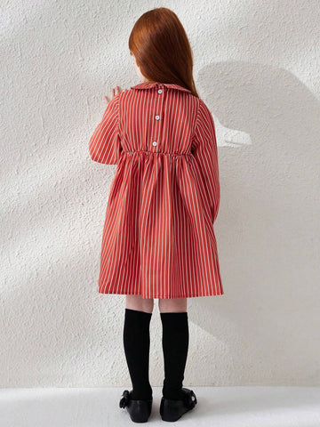 Blossori Young Girl Peter Pan Collar Long Sleeve Striped Minimalist Casual Dress