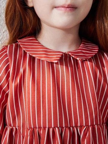 Blossori Young Girl Peter Pan Collar Long Sleeve Striped Minimalist Casual Dress