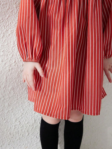 Blossori Young Girl Peter Pan Collar Long Sleeve Striped Minimalist Casual Dress